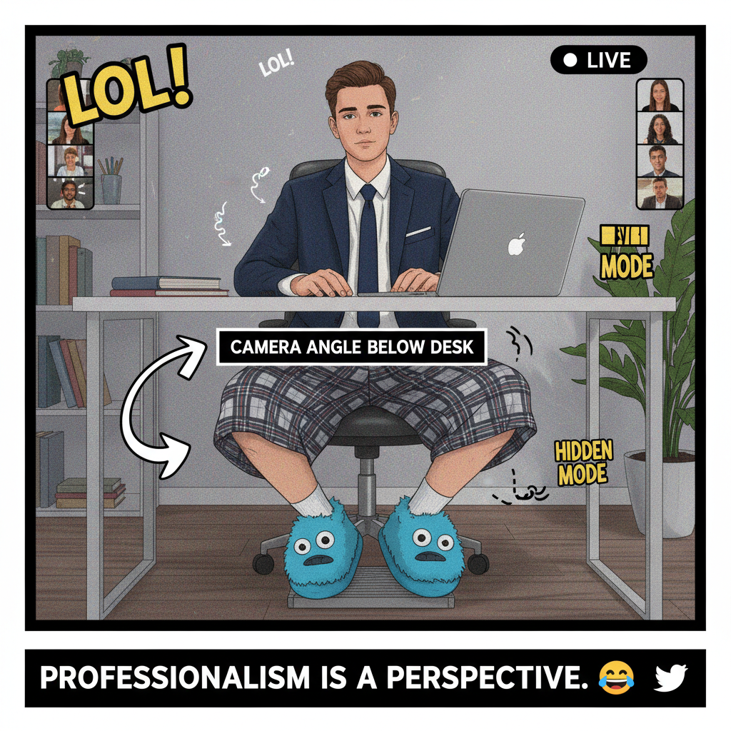 My 'professional' WFH outfit vs. what's happening below the camera. It's a lifestyle.