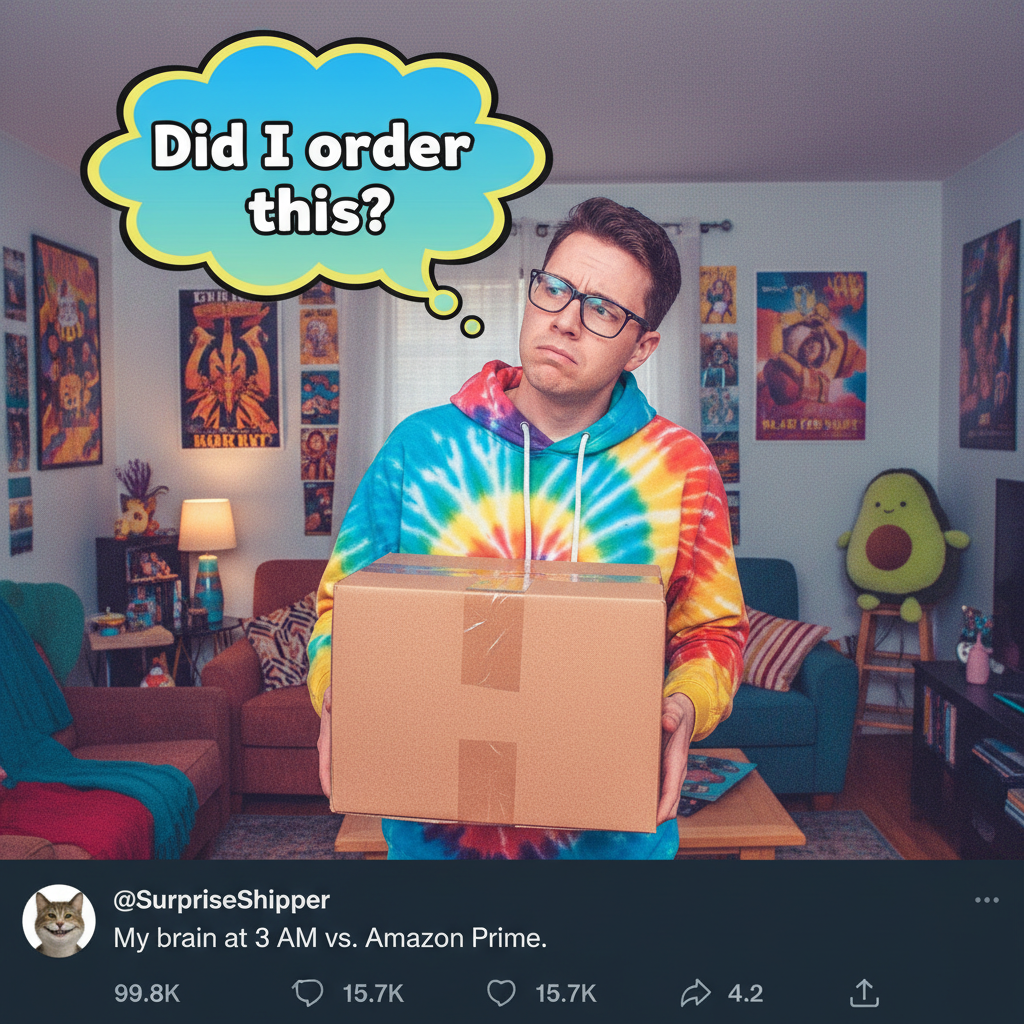 Me: *buys something online at 3 AM* Also me, 3 days later: 'What is this random package?'