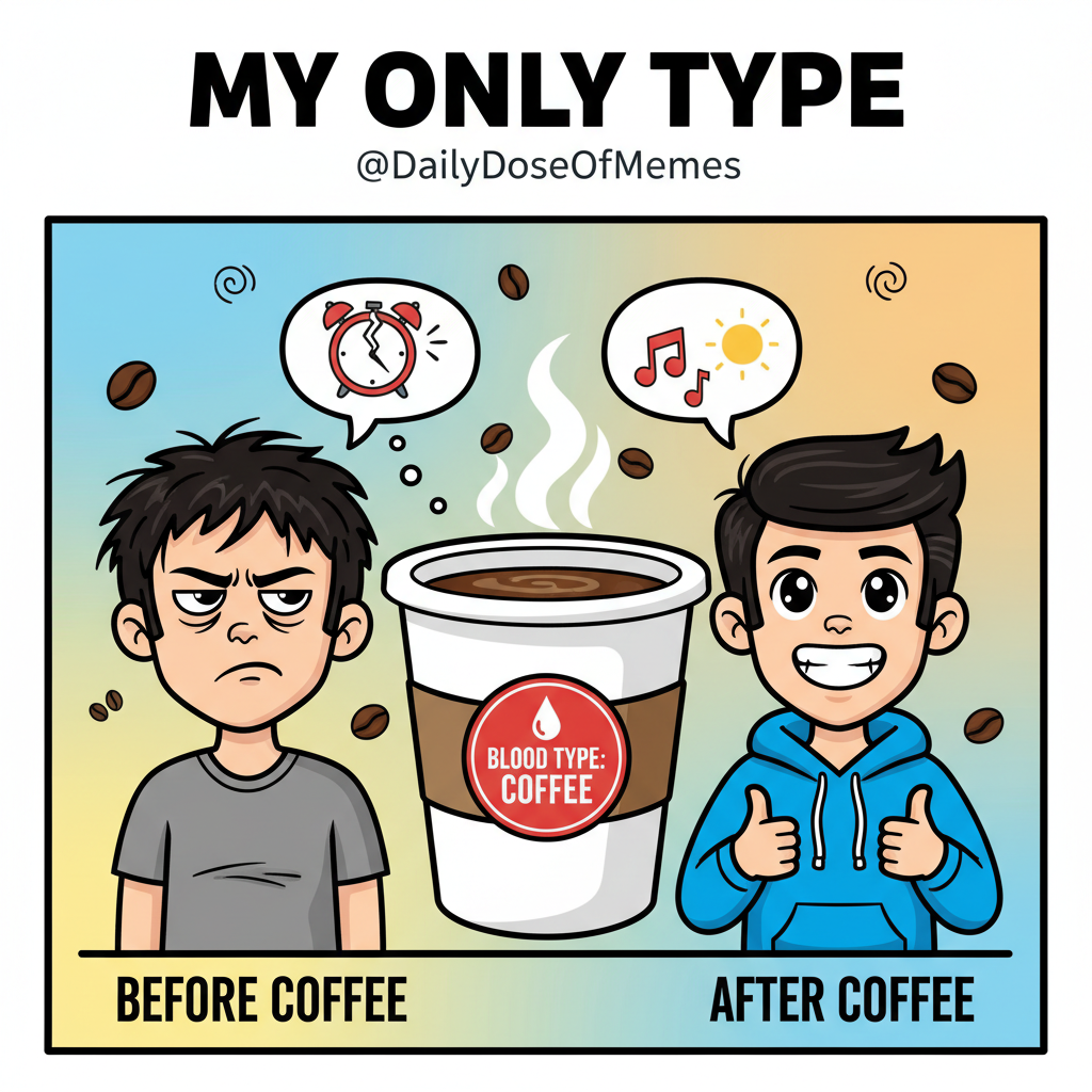My blood type is coffee. My personality type is 'don't talk to me before my second cup'.