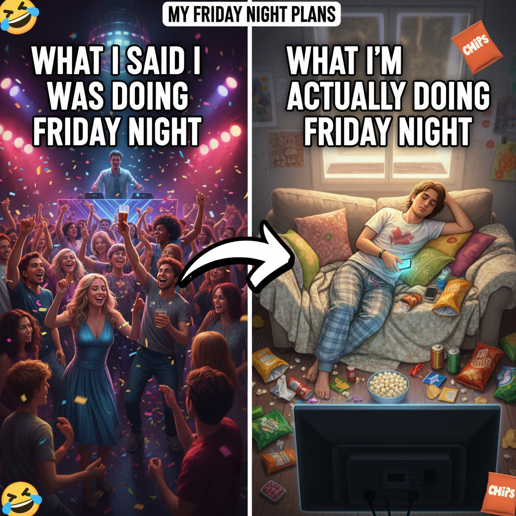 Friday night plans: wild party. Friday night reality: wild party... of one, with snacks.