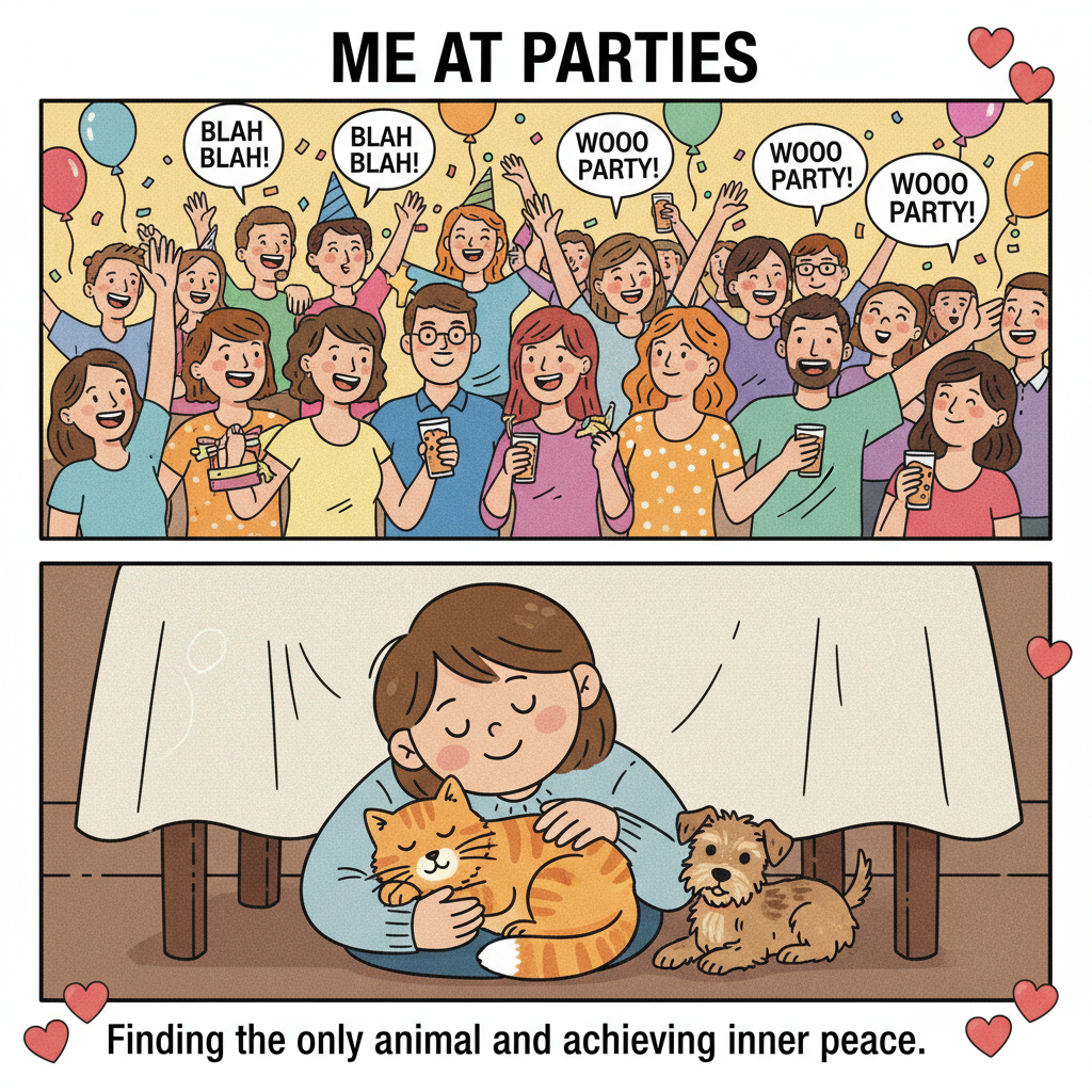 Introvert at a party: Searching for the host's pet to bond with.