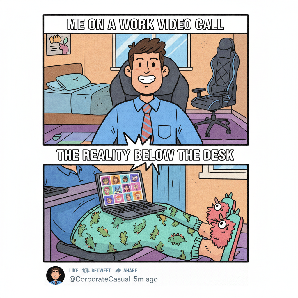 My 'work from home' outfit is 50% professional, 50% pajamas. The camera only sees the top half.