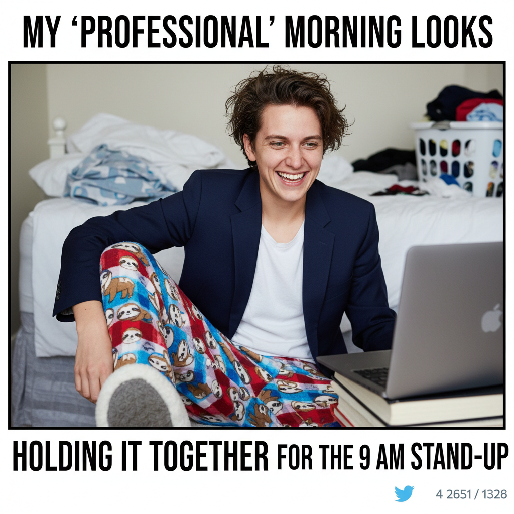 My WFH uniform is 50% pajamas, 50% existential dread. Productivity: 0%.