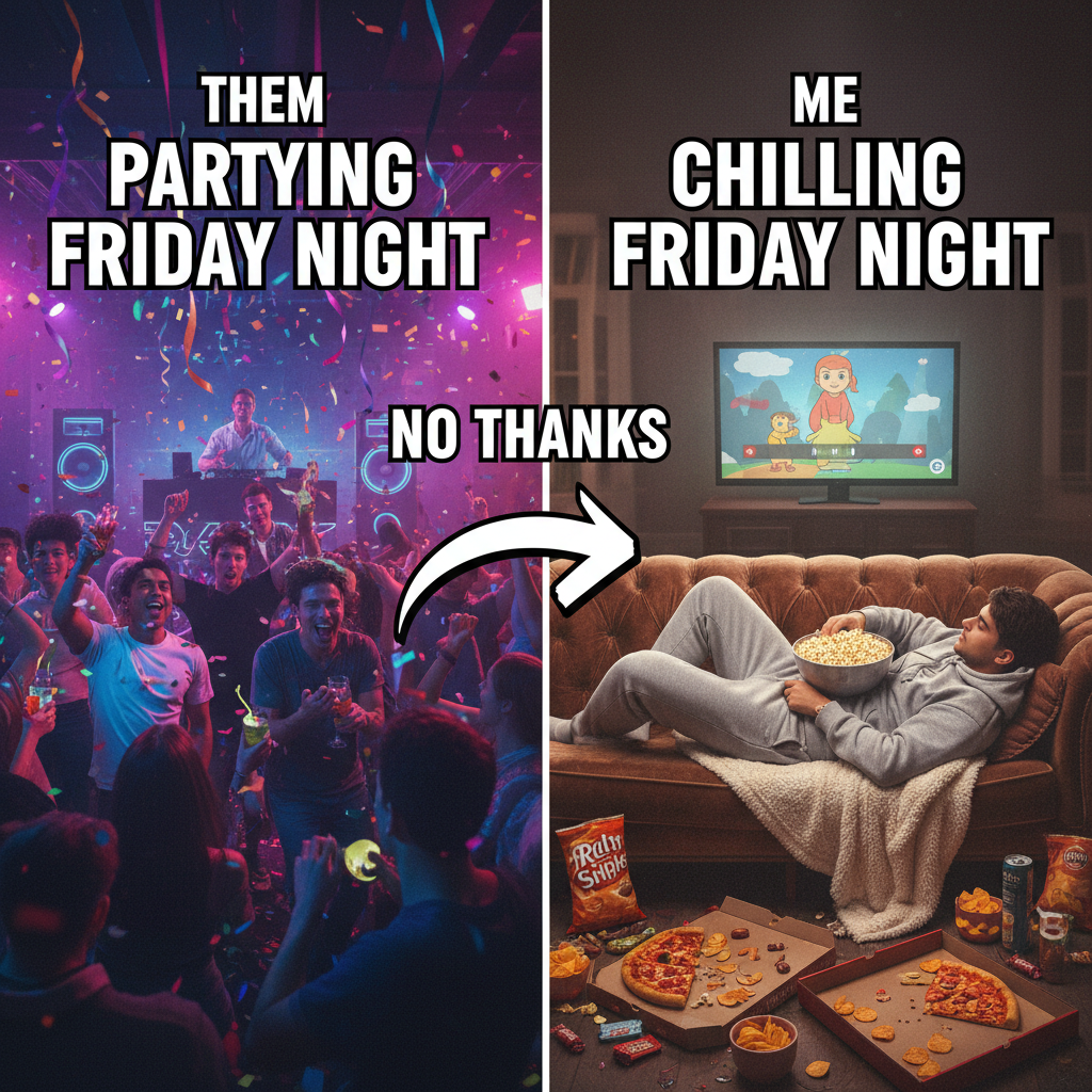 Friday night plans: wild party. Friday night reality: wild party... of one, with snacks and Netflix.