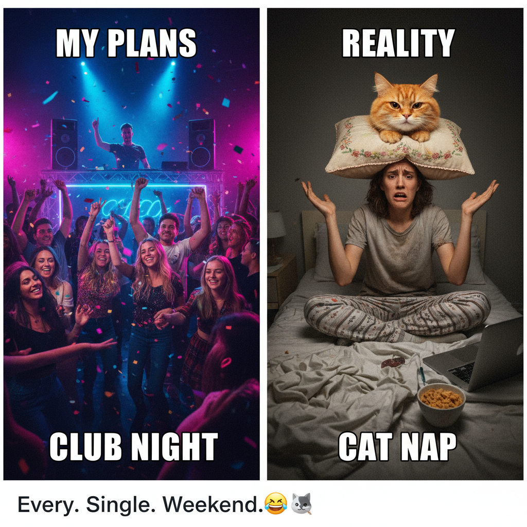 Friday night plans: clubbing. Friday night reality: arguing with my cat about bedtime.