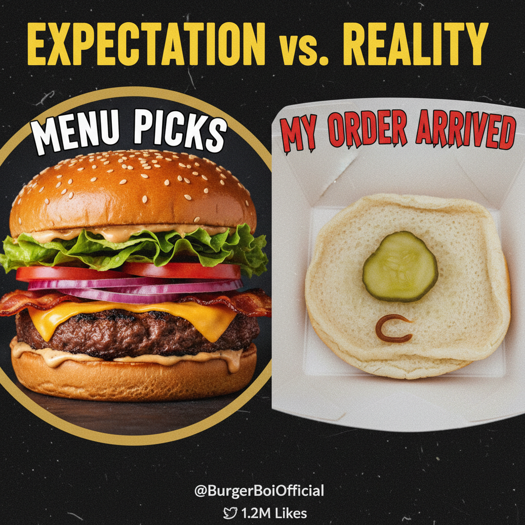 Ordered a gourmet burger. Got two buns and a pickle. Expectations vs. reality hit hard.