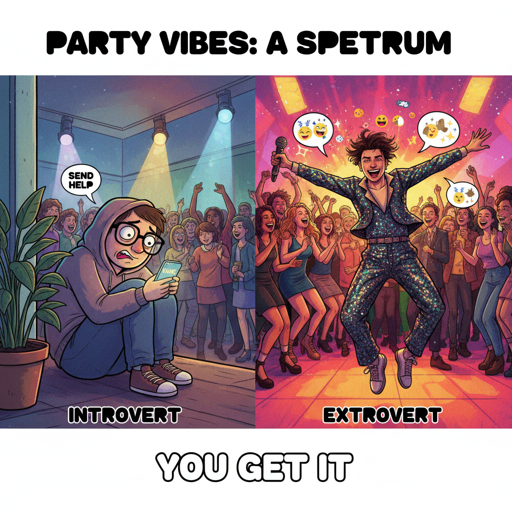 Introverts at a party vs. Extroverts at a party. The duality of man.
