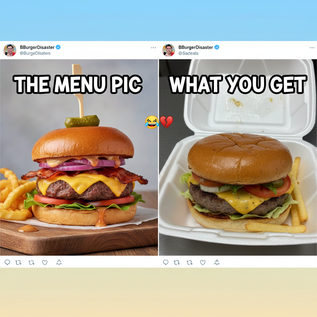 Ordered a gourmet burger. Got a sad patty on a bun. My disappointment is immeasurable.