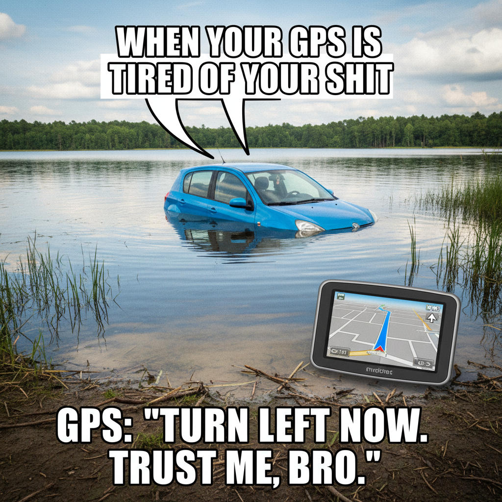 GPS said 'turn left' into a lake. 10/10 would not recommend this scenic route.