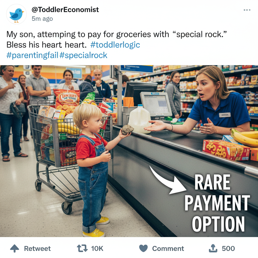 My toddler just tried to pay for groceries with a rock. Peak parenting achieved.