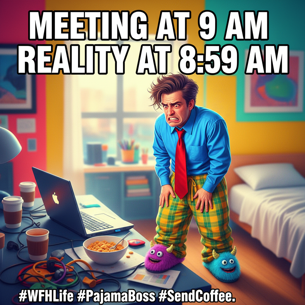 My WFH outfit: Business on top, existential crisis PJs on bottom. #Relatable