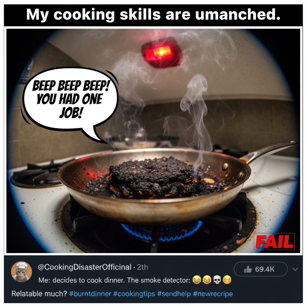 My 'gourmet' dinner turned into a charcoal briquette. At least the smoke alarm works!