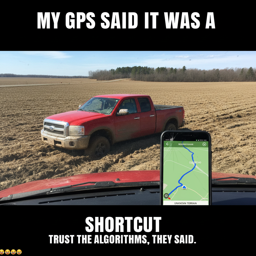 GPS said 'turn left in 500 feet.' I'm now in a field. Thanks, Siri.