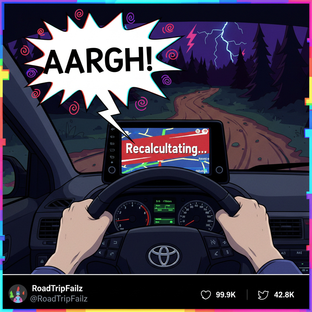GPS: 'In 200 feet, turn left.' Me, 201 feet later: *screaming internally*