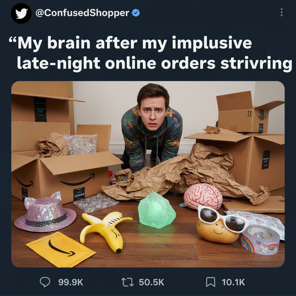 Me: *buys 17 things online at 3 AM* Also me: 'Why do I have this?'