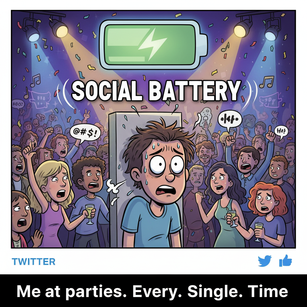 Introvert at a party: 'I've already used 80% of my social battery.'