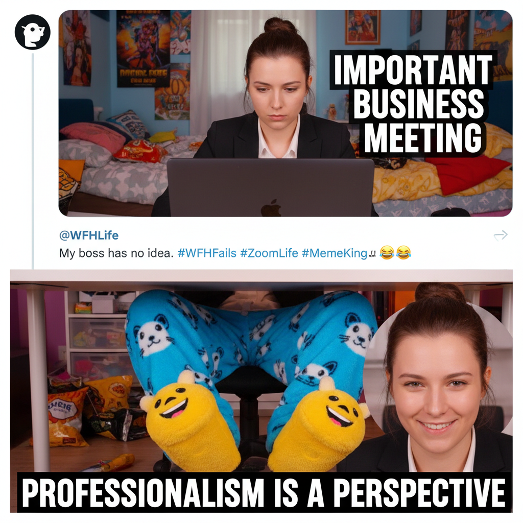 WFH outfit: Business on top, pajama party on the bottom. The ultimate power move.