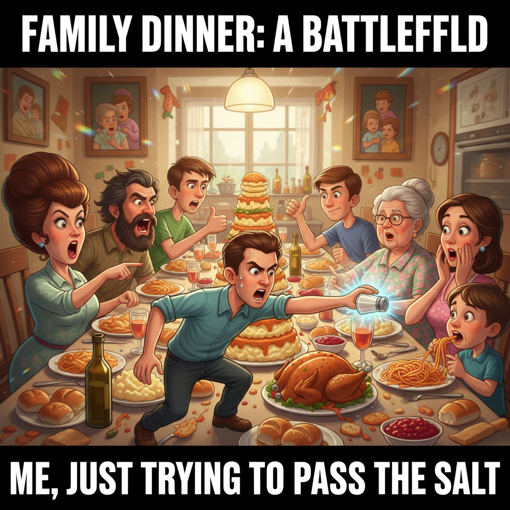 Holiday dinner: where 'pass the salt' escalates into a full-blown family debate.