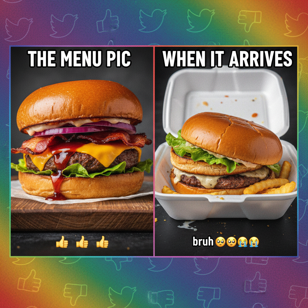 Ordered a gourmet burger. Got a sad patty between two deflated buns. ๐โก๏ธ๐ญ