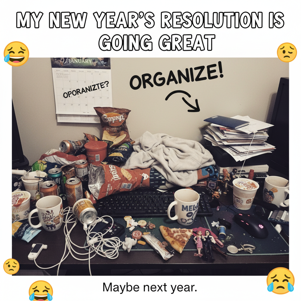 My New Year's resolution was to be more organized. My desk is currently a snack graveyard.