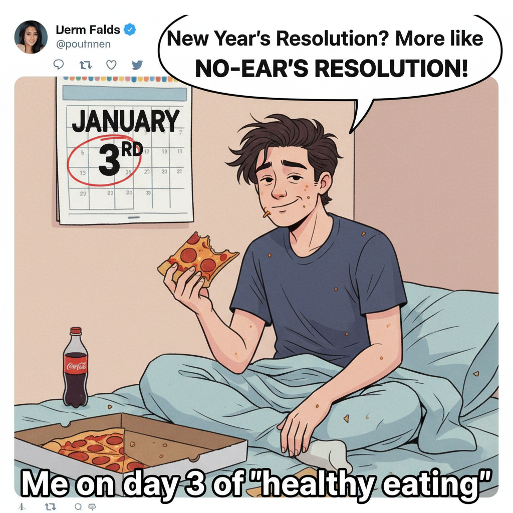 My New Year's resolution was to eat healthier. It's January 3rd. I'm eating pizza for breakfast.