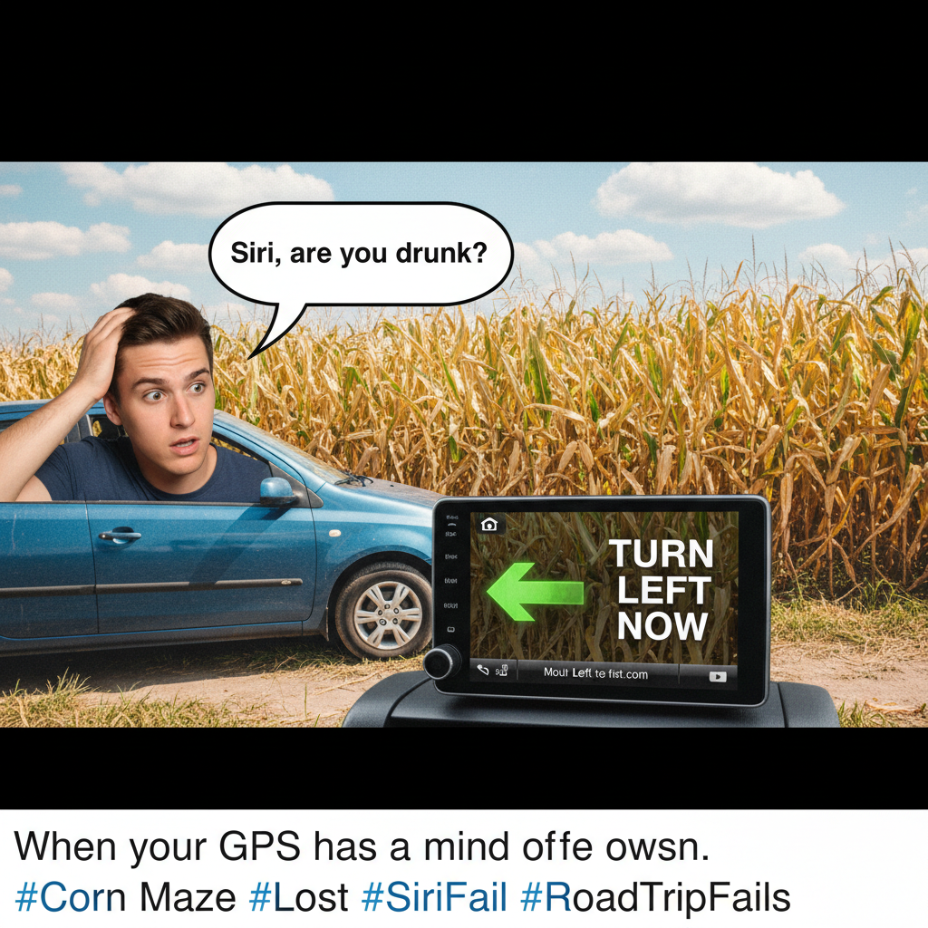 Road trip rule #1: Never trust the GPS when it says 'in 200 feet, turn left into the cornfield'.