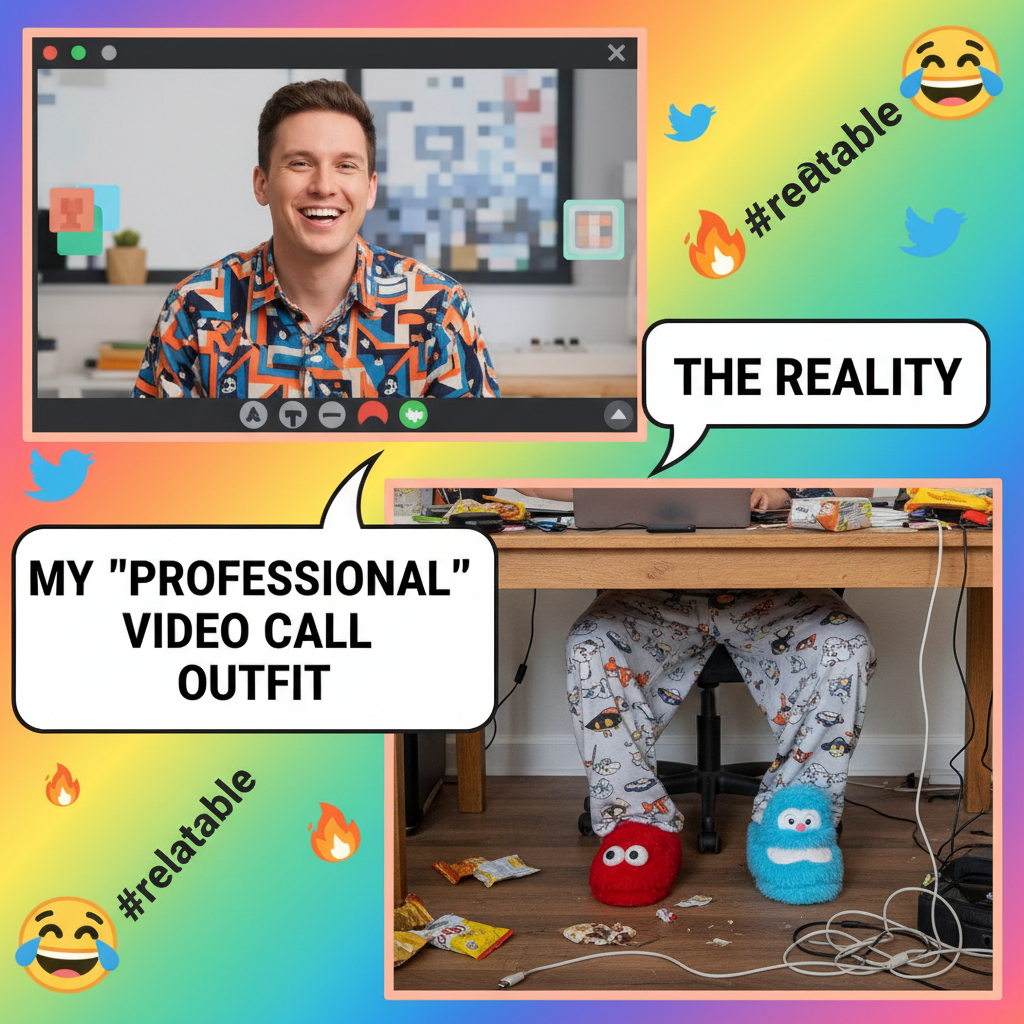 My WFH uniform: business on top, pajama pants on the bottom. The ultimate power move.