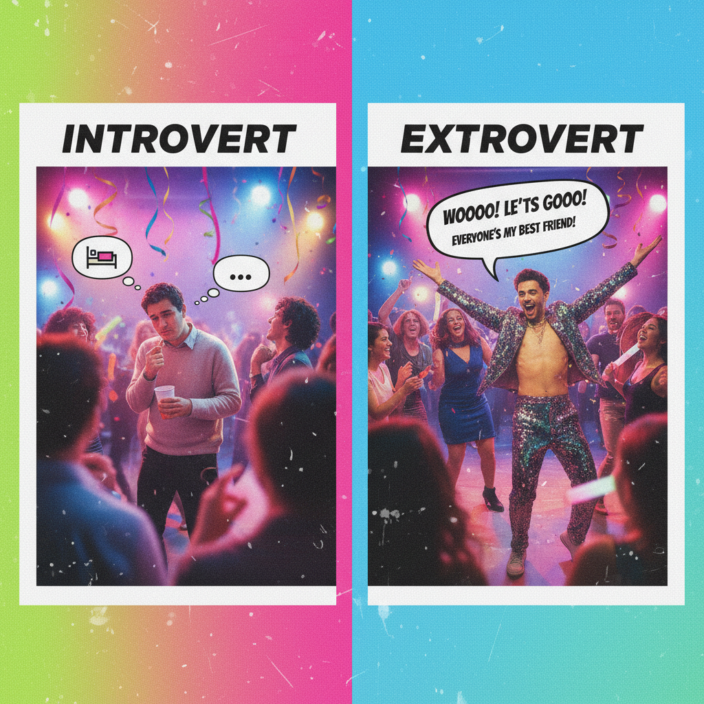 Introvert at a party: 'I'm just here so I don't get fined.' Extrovert: 'LET'S GOOOOO!'