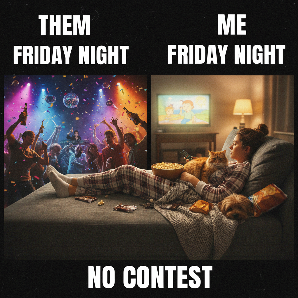 Friday night plans: wild party. Friday night reality: wild party... of one, with snacks.