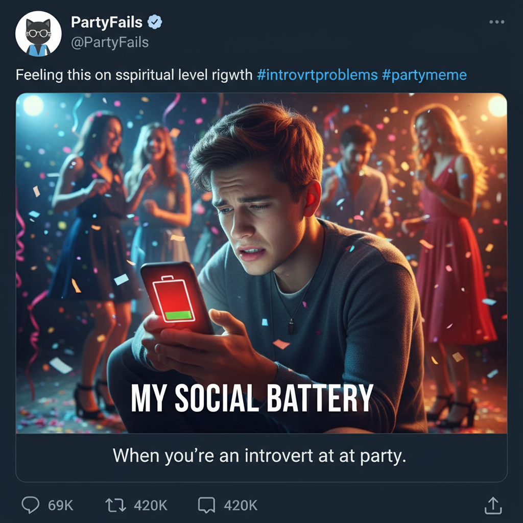 Introvert at a party: 'I've recharged enough social battery for 3 more minutes.'