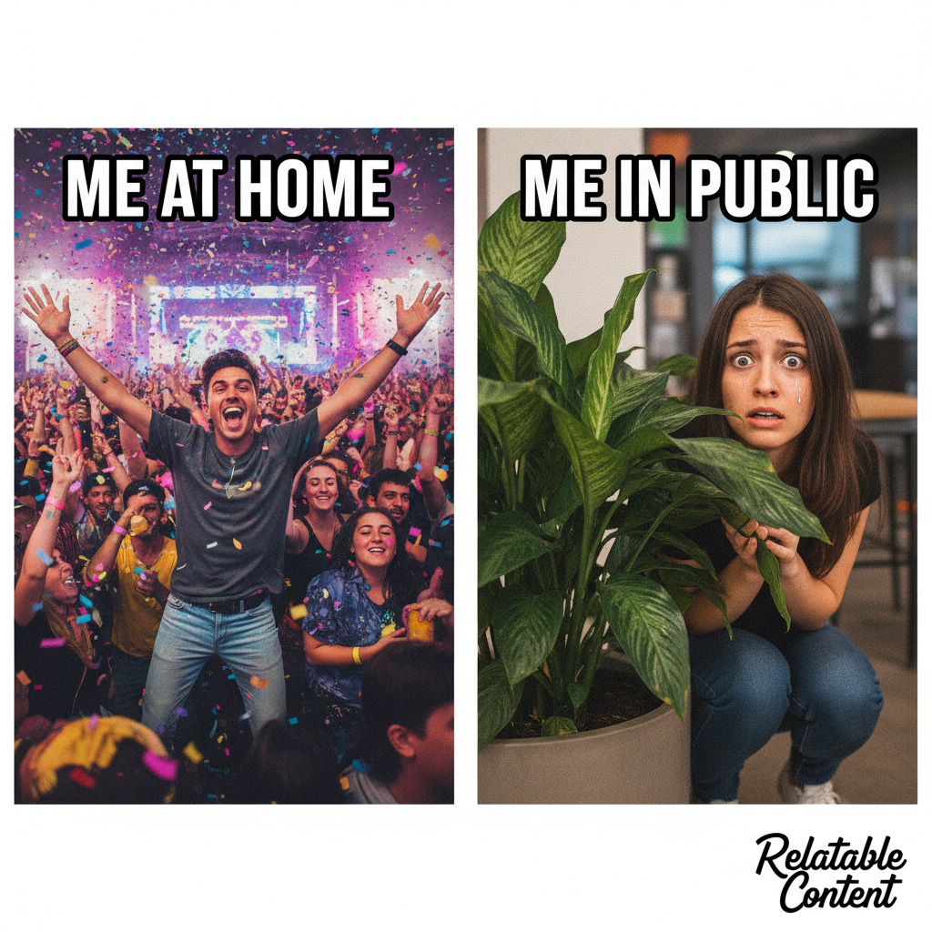 Introvert at a party vs. Extrovert at a party. One is thriving, the other is planning their escape route.