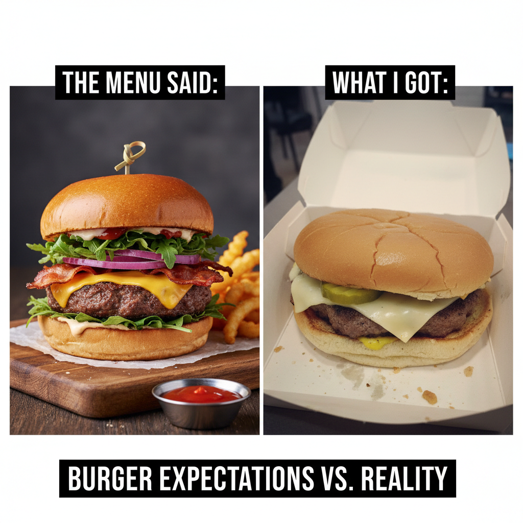 Ordered a gourmet burger, got a sad patty on a bun. Expectations vs. reality hit hard.