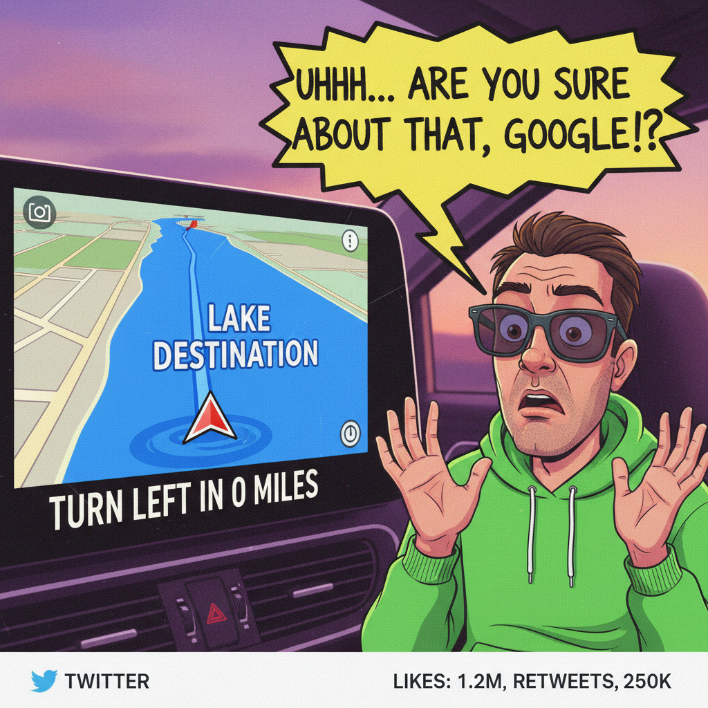 My GPS just told me to turn left into a lake. We're on an adventure, alright. #RoadTripFails