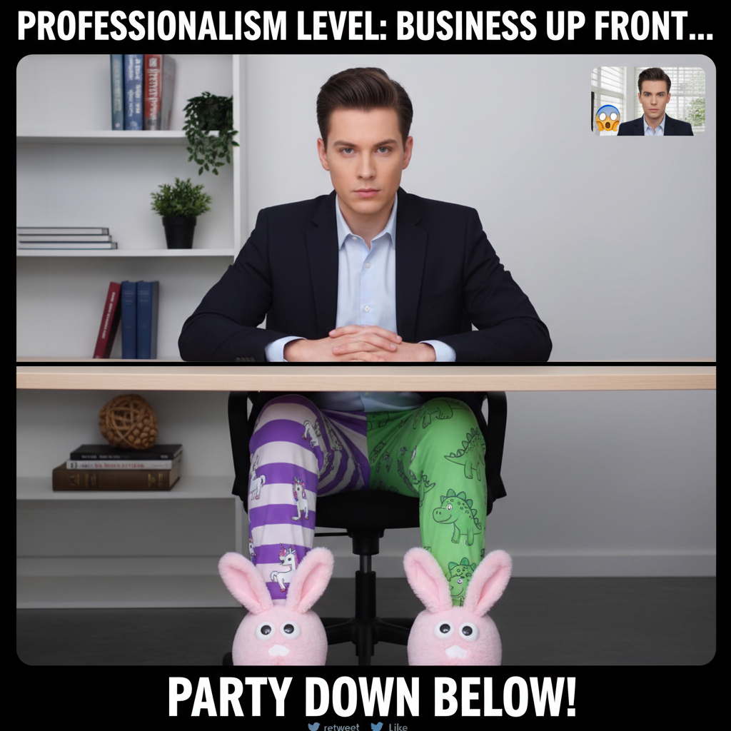 My WFH uniform: business on top, pajama pants and existential dread on the bottom.