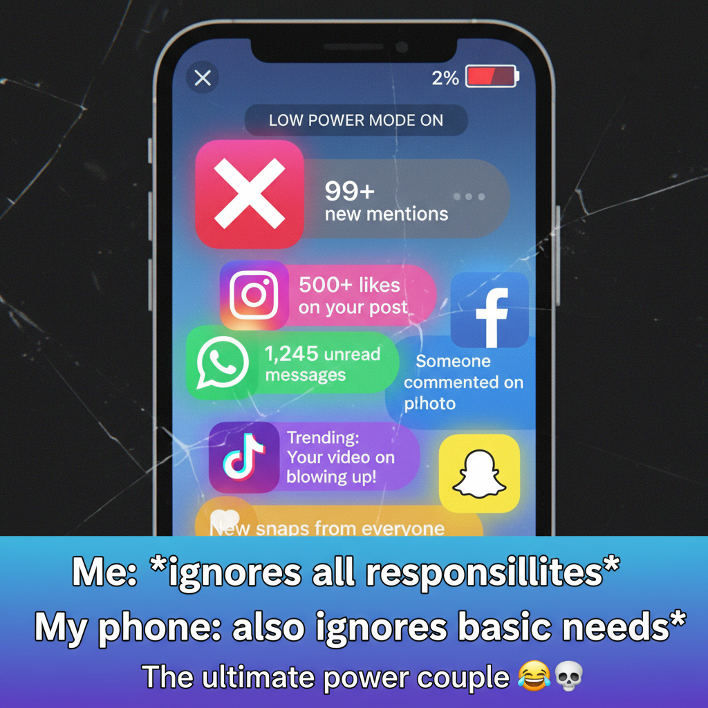 My phone battery percentage is a direct reflection of my social media usage. It's 2%.