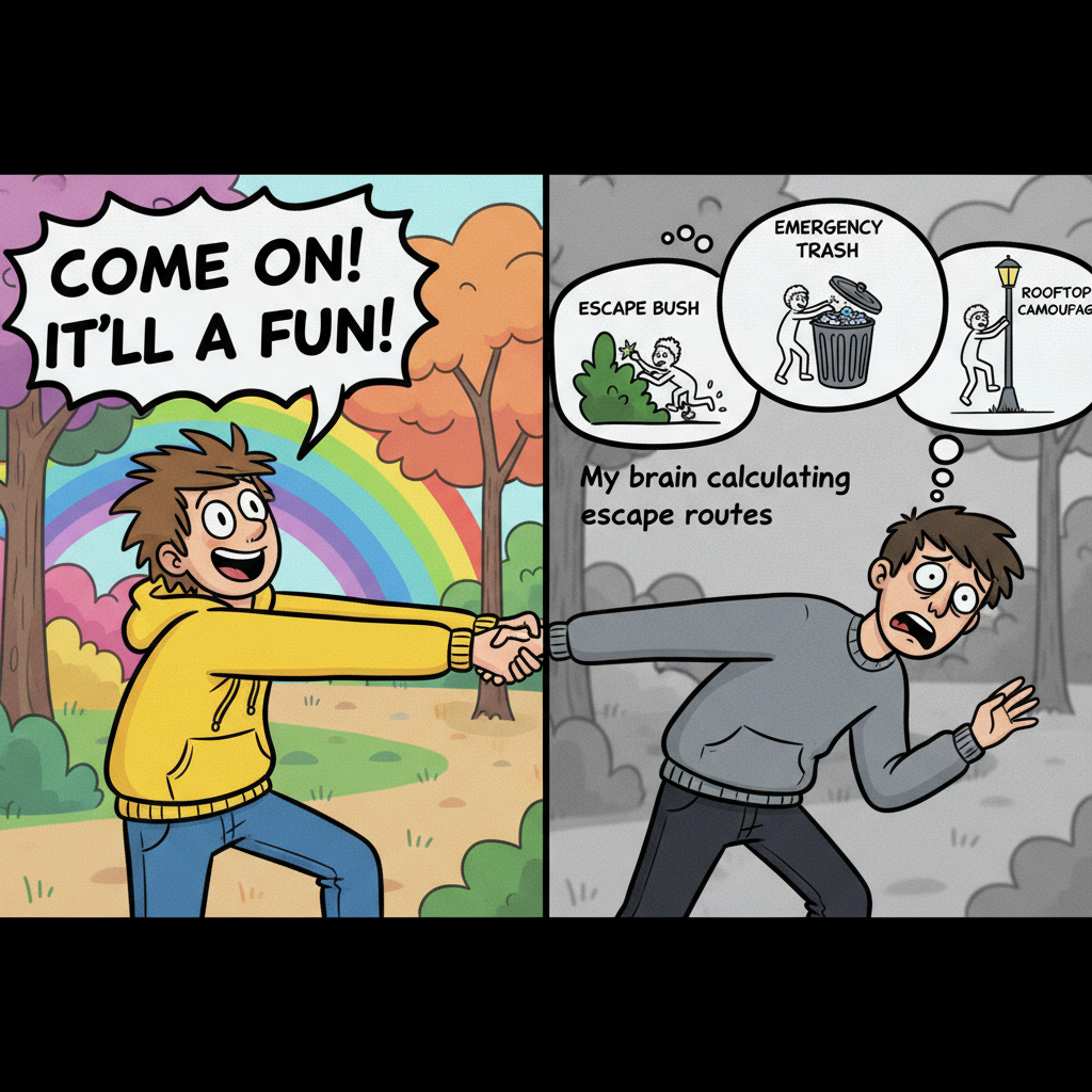 Extrovert: 'Let's go out!' Introvert: *already planning 3 exit strategies*