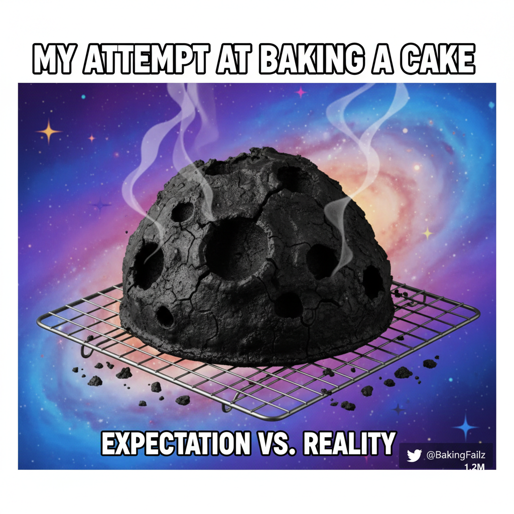 Tried to make a cake from scratch. It now resembles a burnt asteroid. Send help.