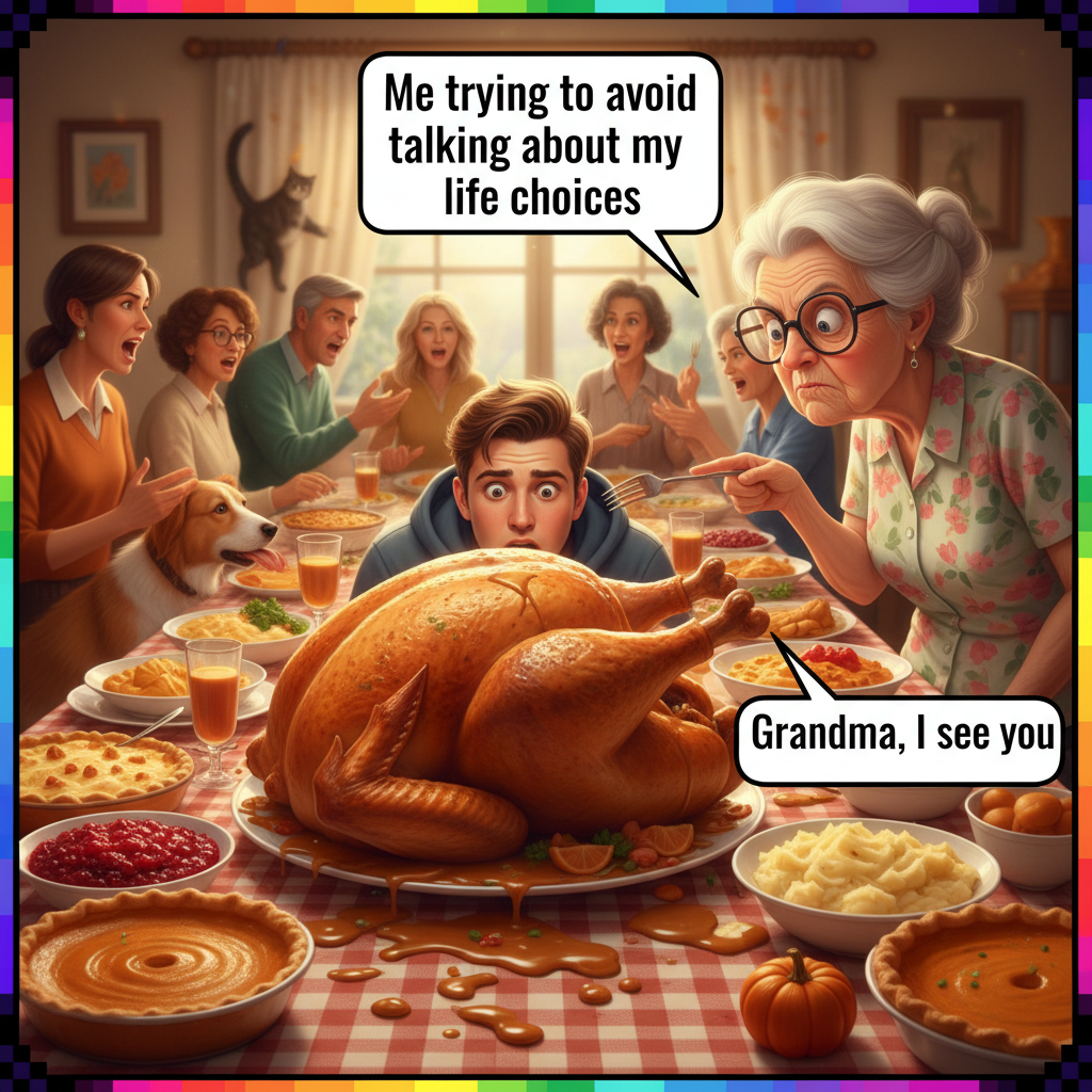 Holiday family dinner: 90% food, 10% avoiding eye contact with Aunt Karen.