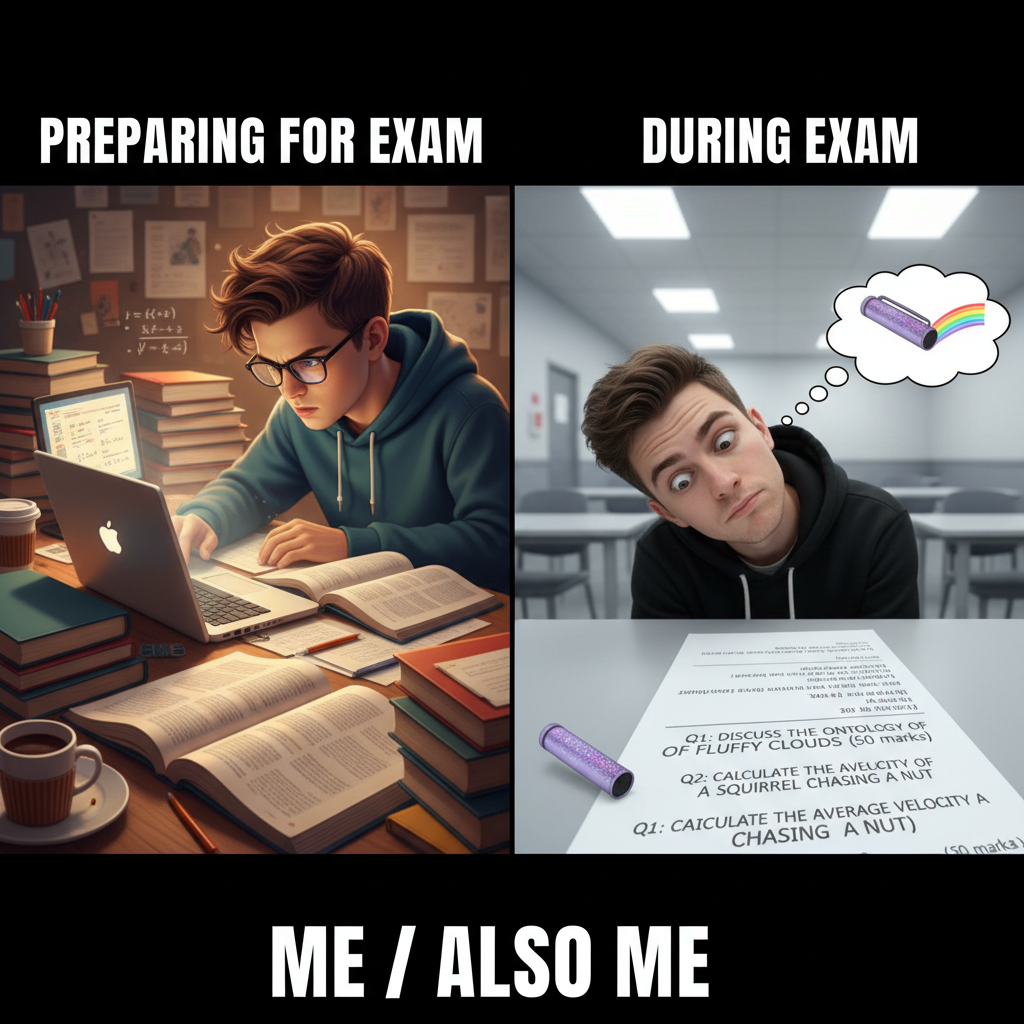 My brain during exam season: 'We're going to learn everything!' My brain during the exam: 'Is that a fly?'