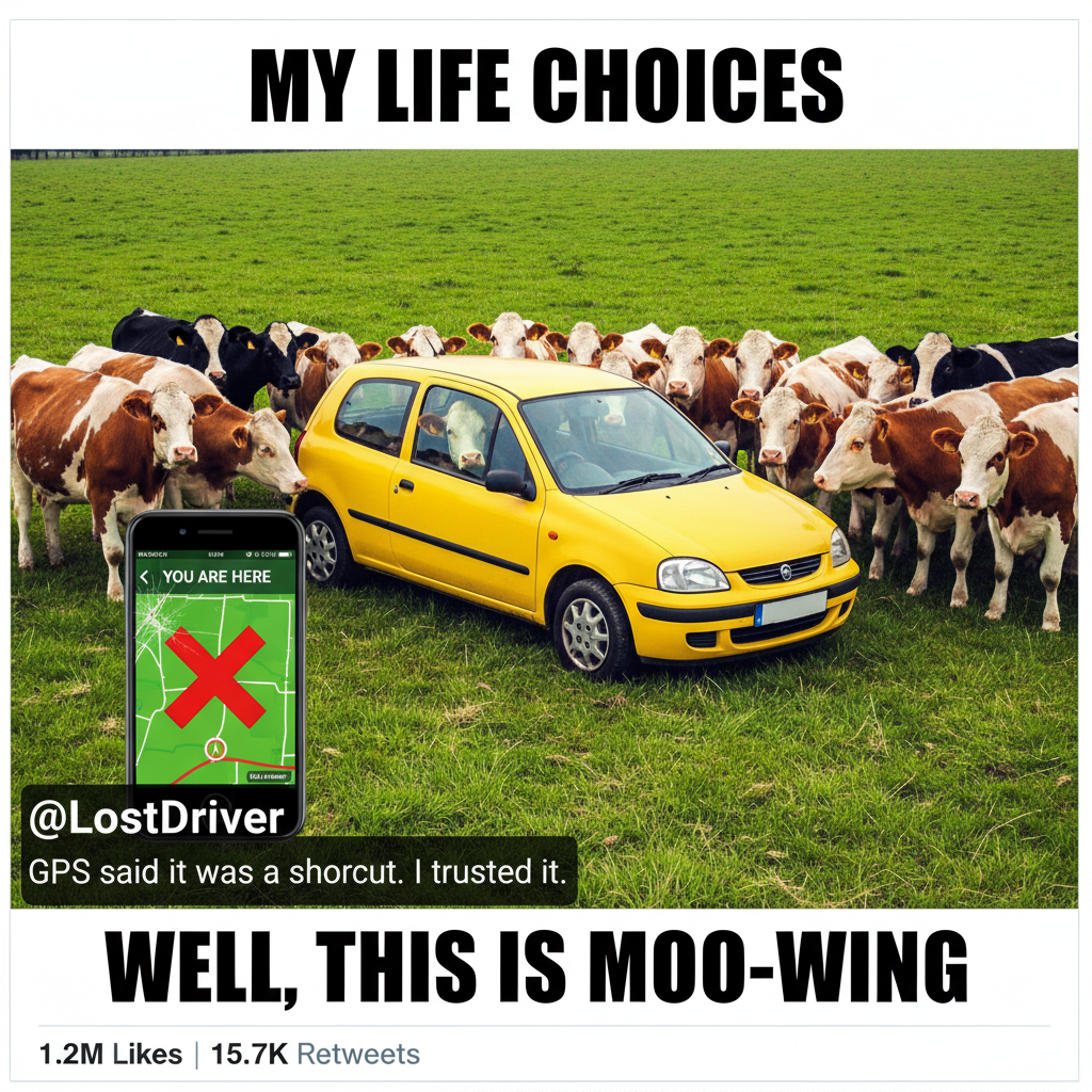 GPS said 'turn left,' I turned left. Now I'm in a cow pasture. Thanks, Siri.