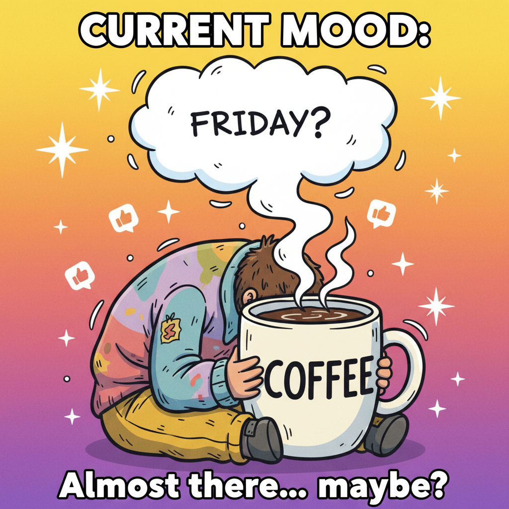 My Monday morning mood is 90% coffee, 10% 'is it Friday yet?'