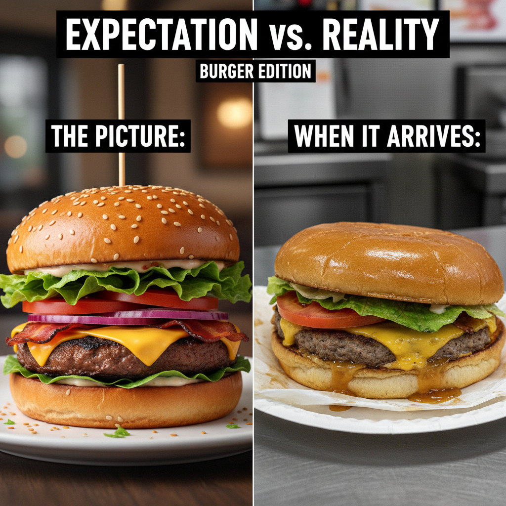 Ordered a gourmet burger, got a sad patty on a soggy bun. My disappointment is immeasurable.