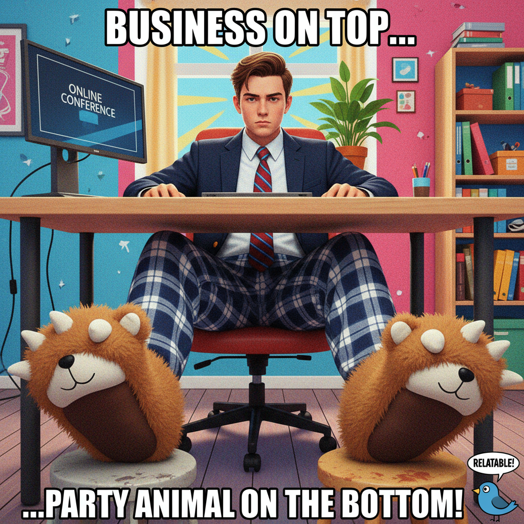 My 'work from home' outfit: Business on top, pajama pants and fuzzy slippers on the bottom.