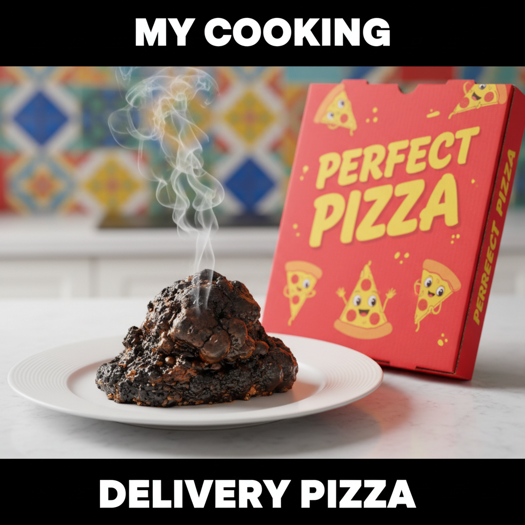 My 'gourmet' dinner looks like a crime scene. Send help (and pizza). #CookingFail