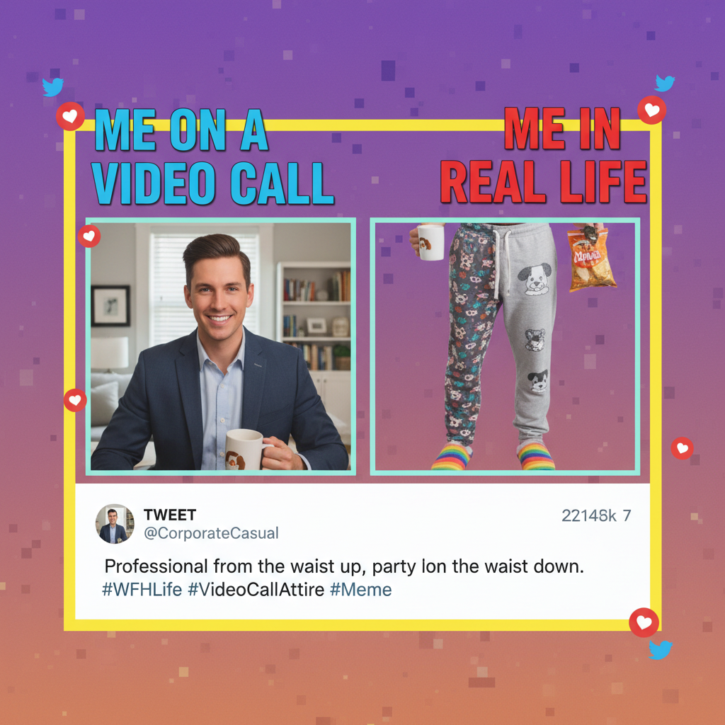 My WFH attire: business on top, existential crisis in sweatpants on the bottom.