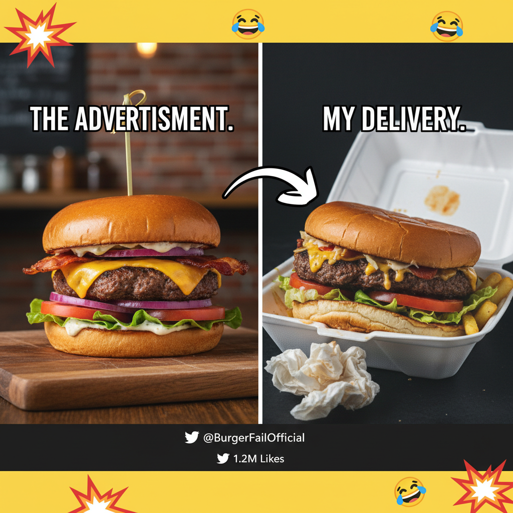 Ordered a gourmet burger. Got something that looks like it lost a fight with a truck.