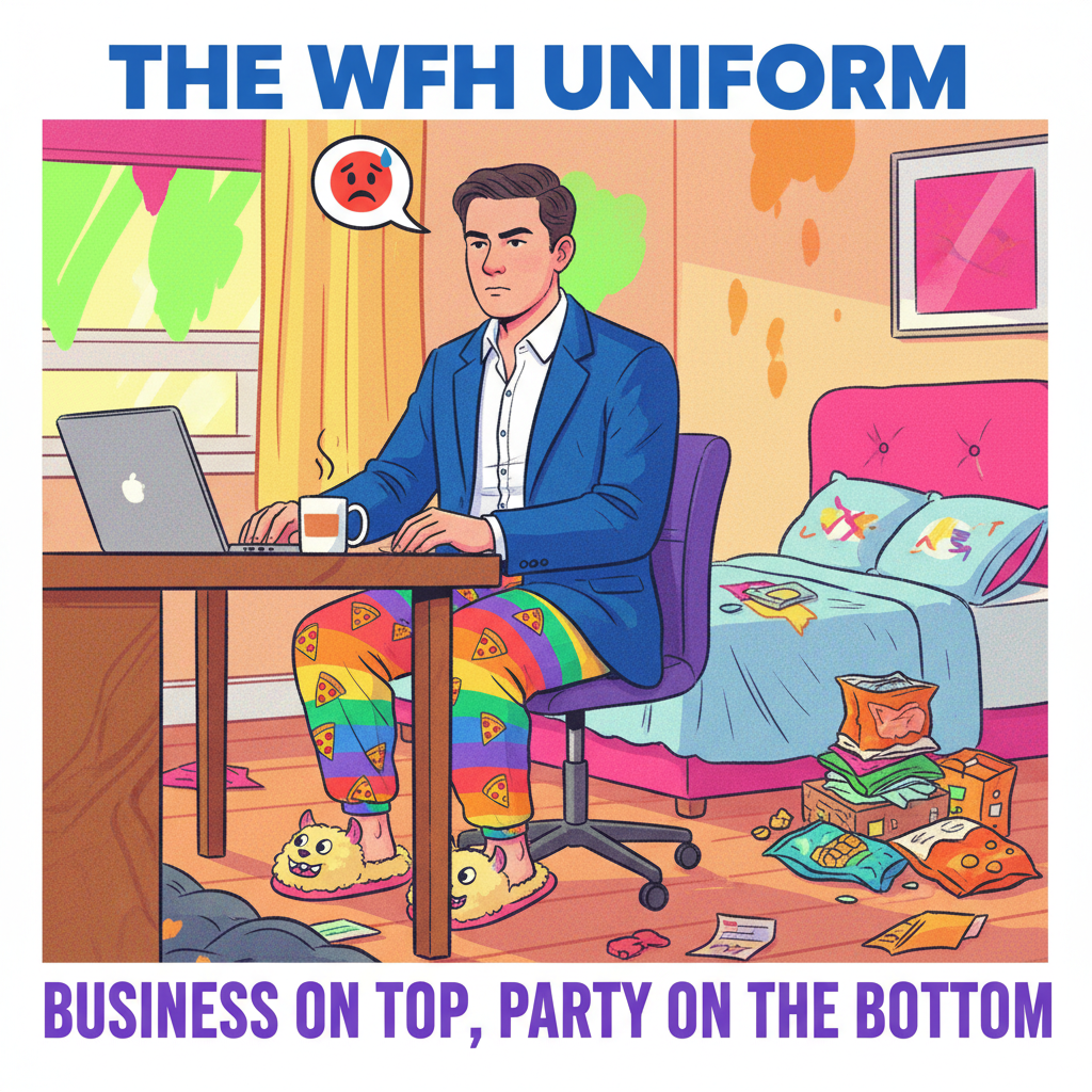 My WFH uniform: business on top, pajamas on the bottom. The ultimate disguise.