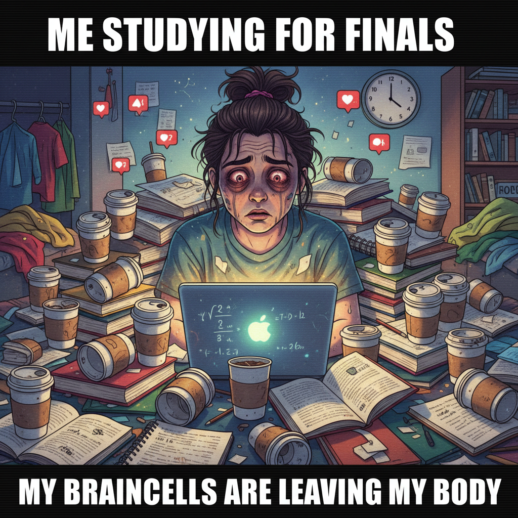 My brain during exam season is 90% caffeine, 10% panic, 0% actual knowledge.