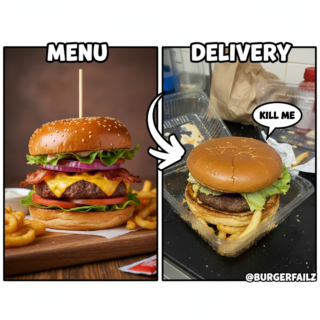 Ordered a gourmet burger. Got a sad patty that looks like it lost a fight.