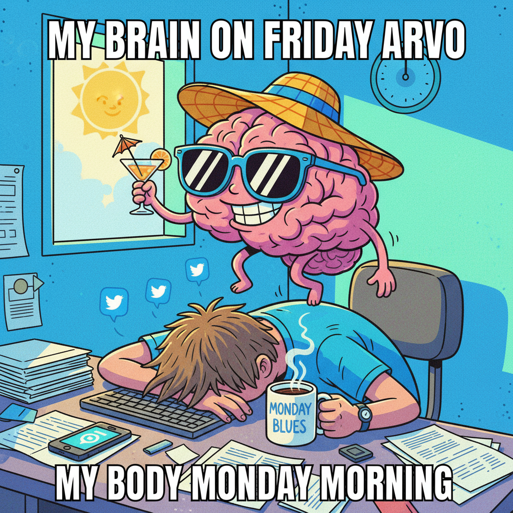 Monday morning: My brain is still in weekend mode, but my body is at work. Send coffee.